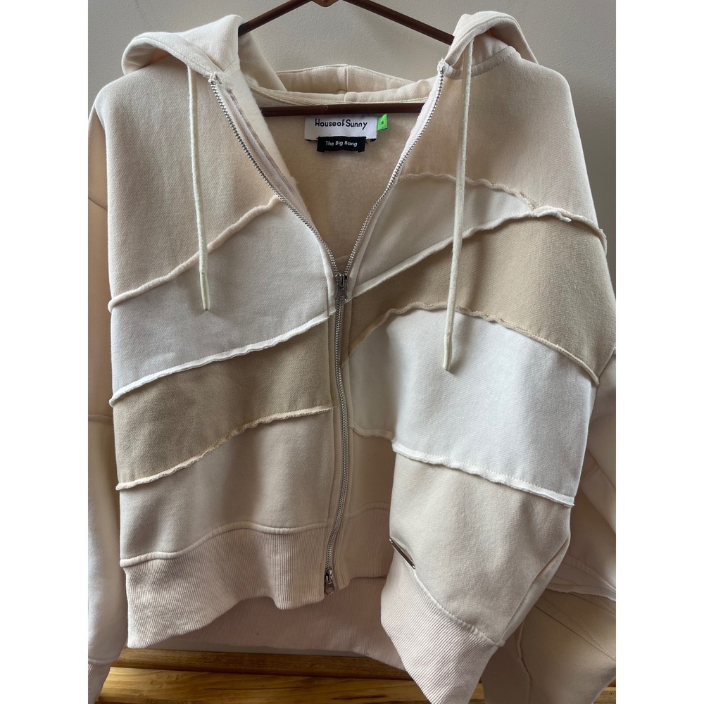 House of Sunny The Big Bang Patchwork Zip Up Hoodie Cream Beige Tan Mens M - Picture 4 of 7
